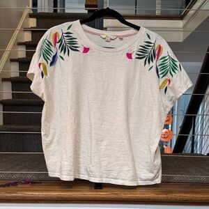 Boden Cream Top with Colorful Leaf Embroidery